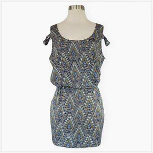 S-Twelve Print Blouson Elastic Waist Split Off Shoulder Sleeve Mini Dress NEW L